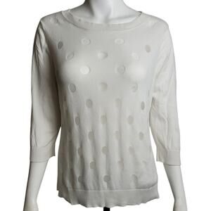 Halogen Women White Sheer Polka Dot Sweater L Mesh Swiss Dot Monochrome Layering